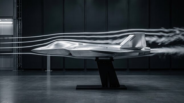 Futuristic aircraft model isolated on a dark background during a wind tunnel test with airflow visualization illustrating aerodynamics science.