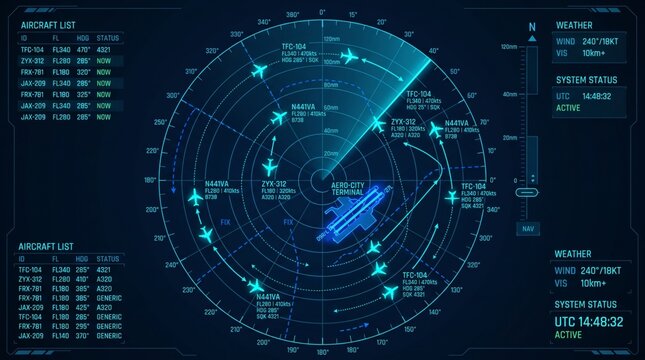 Futuristic air traffic control radar screen HUD with airplane tracking target indicators and telemetry