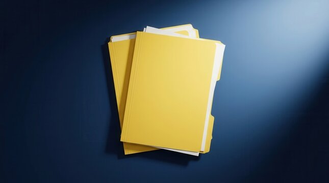 Business template or report cover mockup featuring two yellow document folders on a dark blue desk in an office workspace under a spotlight, top view.