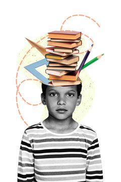 Creative abstract template collage of&nbsp;little boy head mind pile books back school shopping concept&nbsp;freak bizarre unusual fantasy billboard