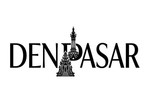 Denpasar Bali typography design with traditional Balinese landmark silhouettes