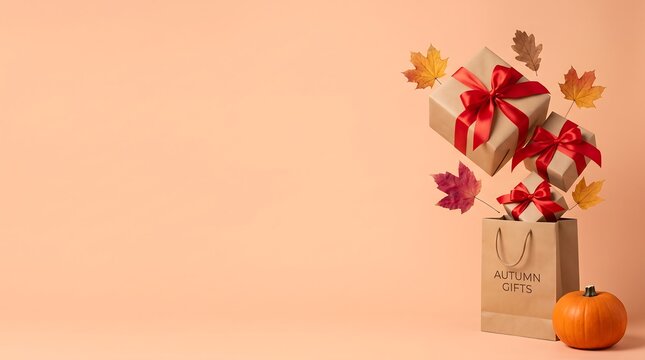 Autumn fall season gift boxes flying from shopping bag background with shopping seasonal marketing floating background thanksgiving business commerce celebration promotion background
