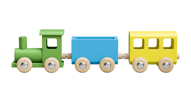 Green wooden toy train with blue carriage and yellow passenger car, isolated on transparent background