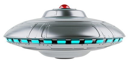 Metallic flying saucer with glowing blue lights and red dome, isolated on transparent background © PNGera