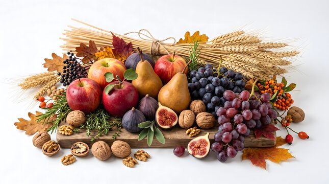 A beautiful autumn harvest abundance featuring a rich arrangement of fresh fruits including red apples