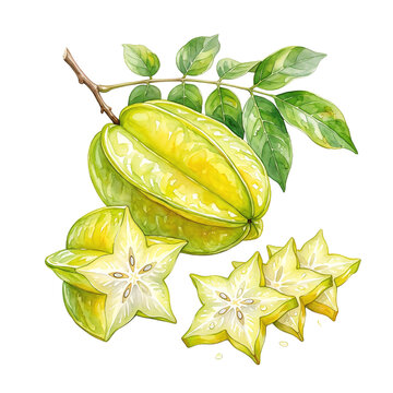 Realistic botanical watercolor illustration of fresh star fruit, featuring whole fruit on stem with green leaves, half cut, and star-shaped slices