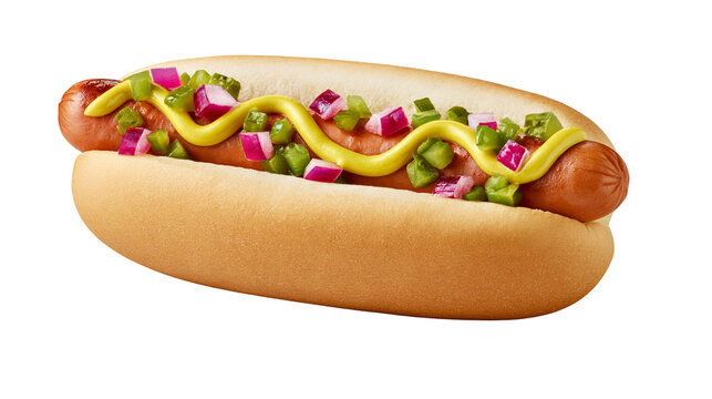 Juicy hot dog with mustard chopped green peppers and red onions, isolated on transparent background