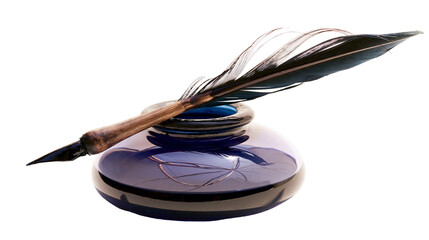 Antique quill pen resting on a blue glass inkwell, isolated on transparent background © PNGera