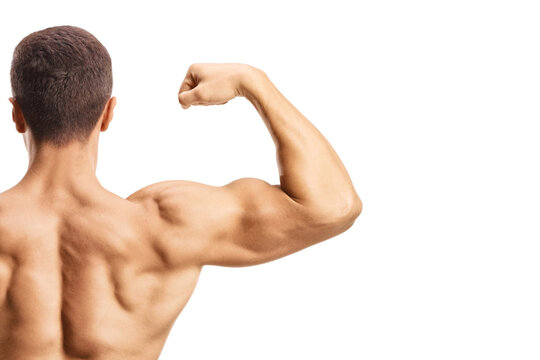 Rear view of a musuclar man flexing back muscles