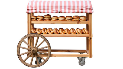 Wooden bakery cart with bagels and pink striped awning, isolated on transparent background © PNGera