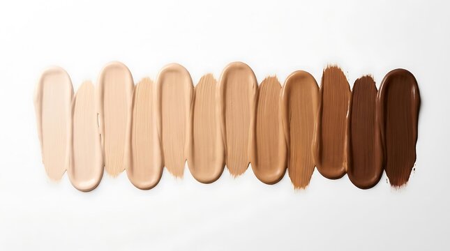 Various shades of liquid foundation makeup swatches in a row. foundation shade chart