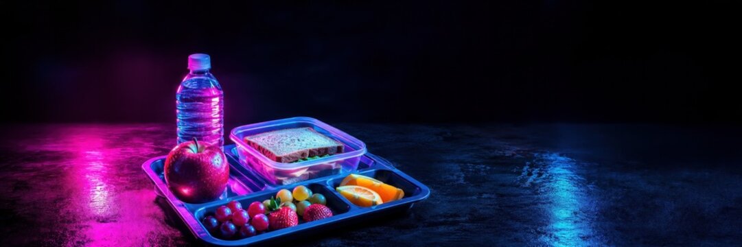 Neon style school lunchbox with fruit, sandwich and water bottle with copy space for text