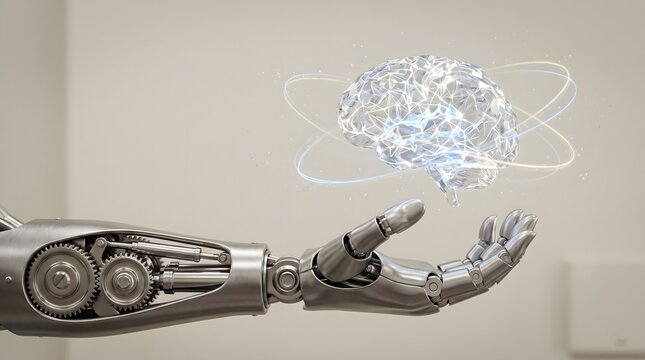 A robotic hand holding a glowing digital brain with visible internal gears against a plain background.