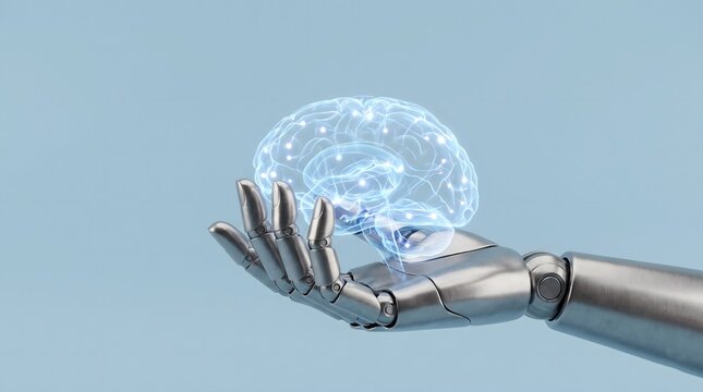 Robotic hand holding a glowing digital human brain representing artificial intelligence and future technology