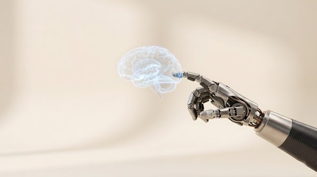 A robotic hand touching a glowing digital human brain hologram against a neutral studio background.
