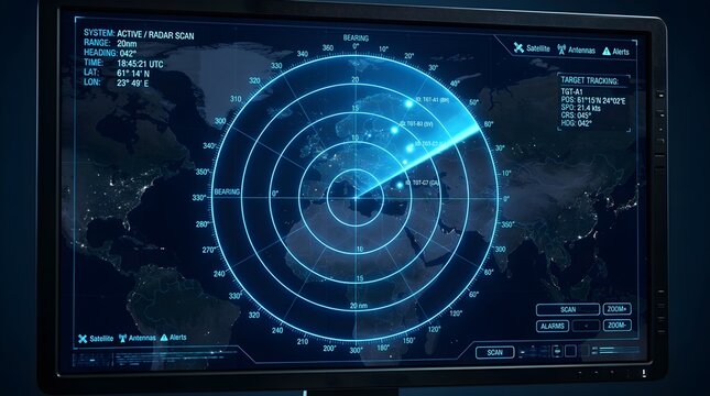 Digital sonar radar screen showing location tracking and scanning with tracking