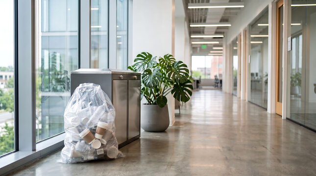 Clear trash bag filled with plastic waste standing next to modern metal disposal unit in bright office corridor with natural light from windows and green leafy plants.