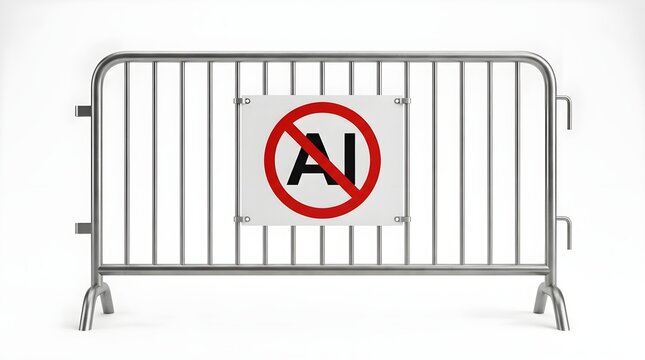 Metal barricade fence with a sign forbidding artificial intelligence usage