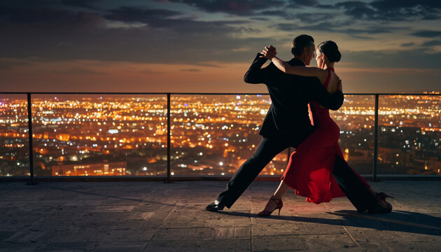 Couple dancing tango on a rooftop overlooking a cityscape at night.
