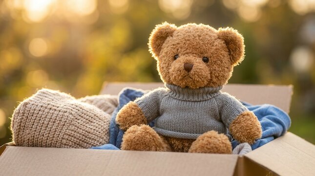 Clothes donation box with a teddy bear in warm sunlight, representing community support and childhood charity