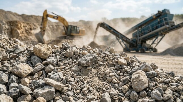 Vibrating screen and heavy machinery sorting rocks and dust at a quarry, illustrating mineral separation and processing