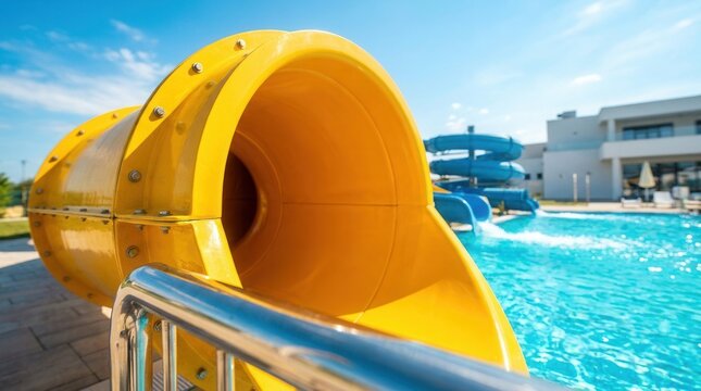 Resort entertainment and travel concept featuring a large yellow spiral water slide tube outside an indoor aquapark