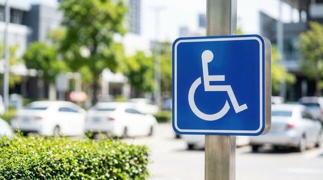A sunny day view of a blue and white handicap parking sign with blurred cars in a shopping center parking lot, public facility photography.