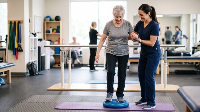 Physical therapist assisting senior woman with balance exercise on wobble board in rehabilitation clinic