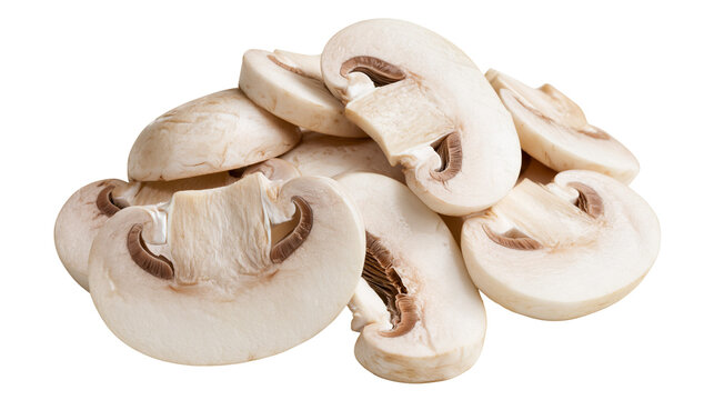 Pile of sliced white button mushrooms, isolated on transparent background