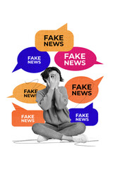 Obraz premium Vertical photo collage young woman fake news propaganda manipulation brainwashing textbox message reply drawing background