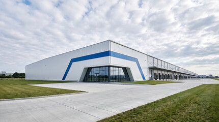 Naklejka premium Expansive modern warehouse building featuring striking blue geometric accents on white facade, large entrance and multiple loading docks.