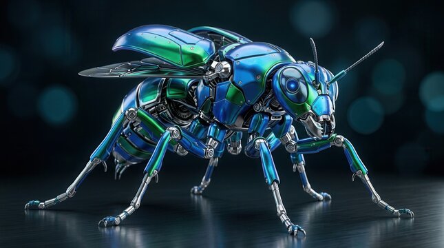 Technology photography showing a macro close-up of a mechanical insect robot with shiny green and blue reflective armor.