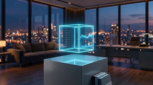 Luxury apartment office with a city skyline at dusk featuring a floating blank holographic screen display mockup