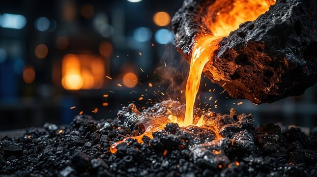 Water cooling in an industrial metallurgy process, featuring a close-up of slag transitioning from molten flow to solid black granules with copy space