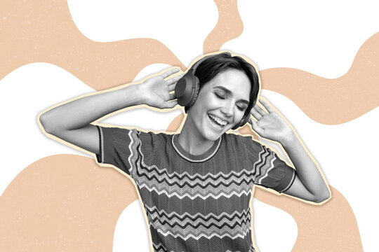 Creative collage picture young cheerful girl listen music headphones meloman playlist album entertainment drawing background