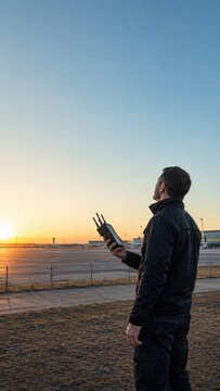 Drone operator monitoring equipment near airport runway at sunset with copy space for text