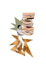 Fototapeta premium Vertical photo collage of happy girl carry book stack education hobby bookworm library academic knowledge isolated on painted background