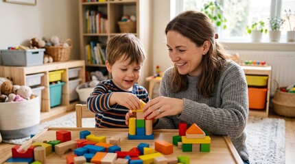 Naklejka premium Mother and child happily building with colorful wooden blocks on a table in a bright playroom