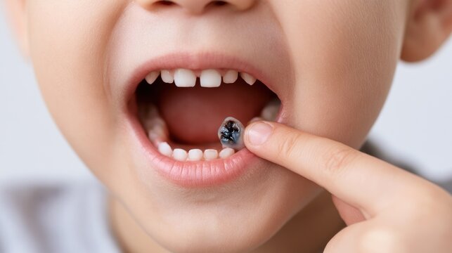 Childs mouth showing decayed tooth