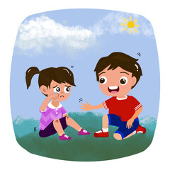 Kind boy comforting crying injured girl outdoors vector illustration