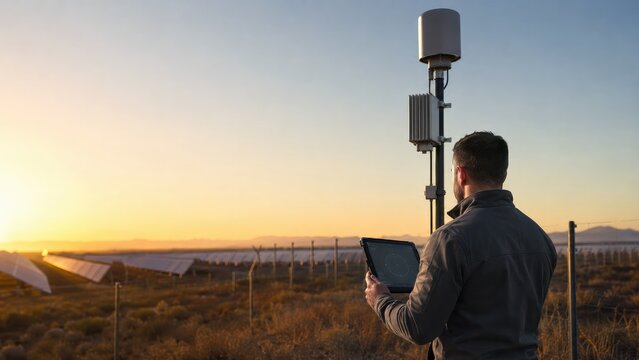 Technician inspecting solar farm monitoring equipment with tablet at sunset with copy space for text