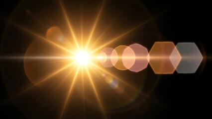 Obraz premium Bright golden sun lens flare effect with light rays and bokeh, isolated on black background, generative AI 