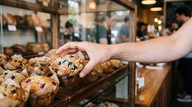 Customer selecting a fresh blueberry muffin from a bakery display case filled with assorted baked goods