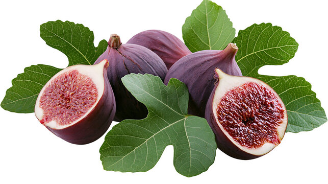 Ripe purple figs with green leaves cut in half to show red flesh, isolated on transparent background