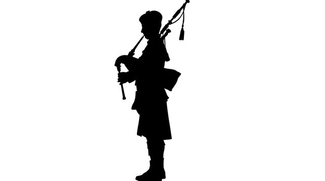Silhouette of bagpiper in traditional Scottish kilt playing bagpipes, isolated on transparent background