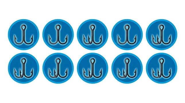 Set of blue circular fish hook icons on white.