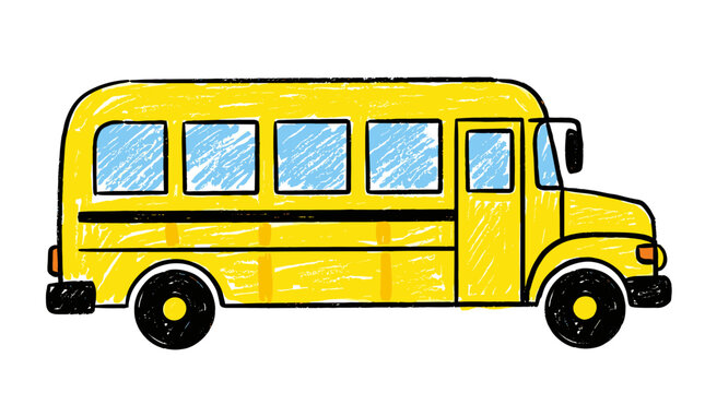 School bus cartoon vector illustration with blue windows isolated on white background