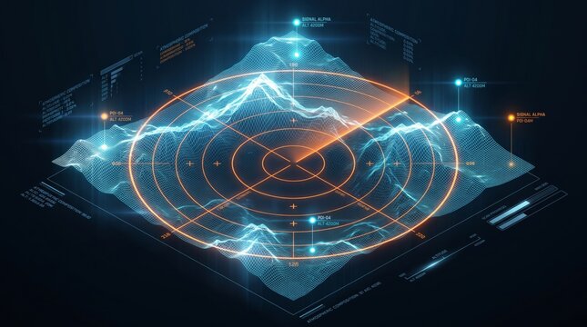 3D wireframe terrain map display with holographic orange radar sweep sonar and telemetry HUD grid
