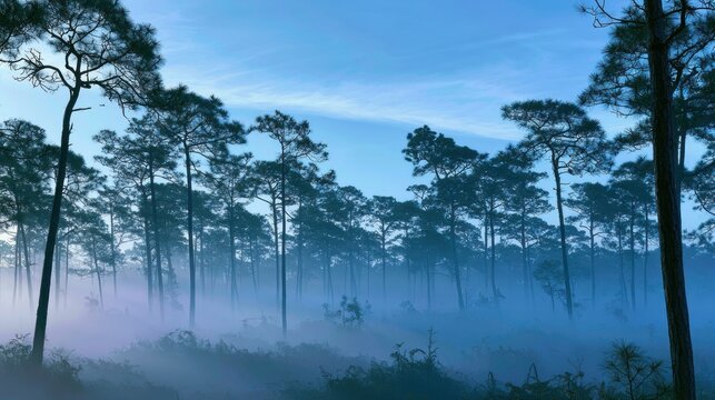 Misty forest landscape with pine trees and blue sky