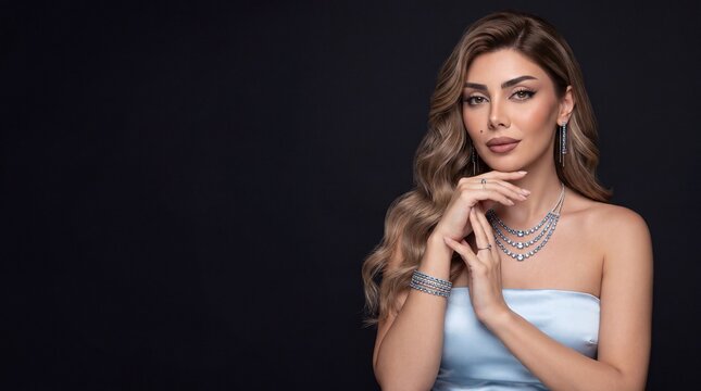 Fashion woman posing with luxury blue topaz layered necklace and diamond jewelry set on dark background